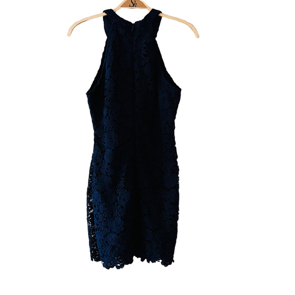 Lulus Lace Dress Size Large Love Poem Sheath High Neck  Sleeveless Navy - Picture 4 of 12